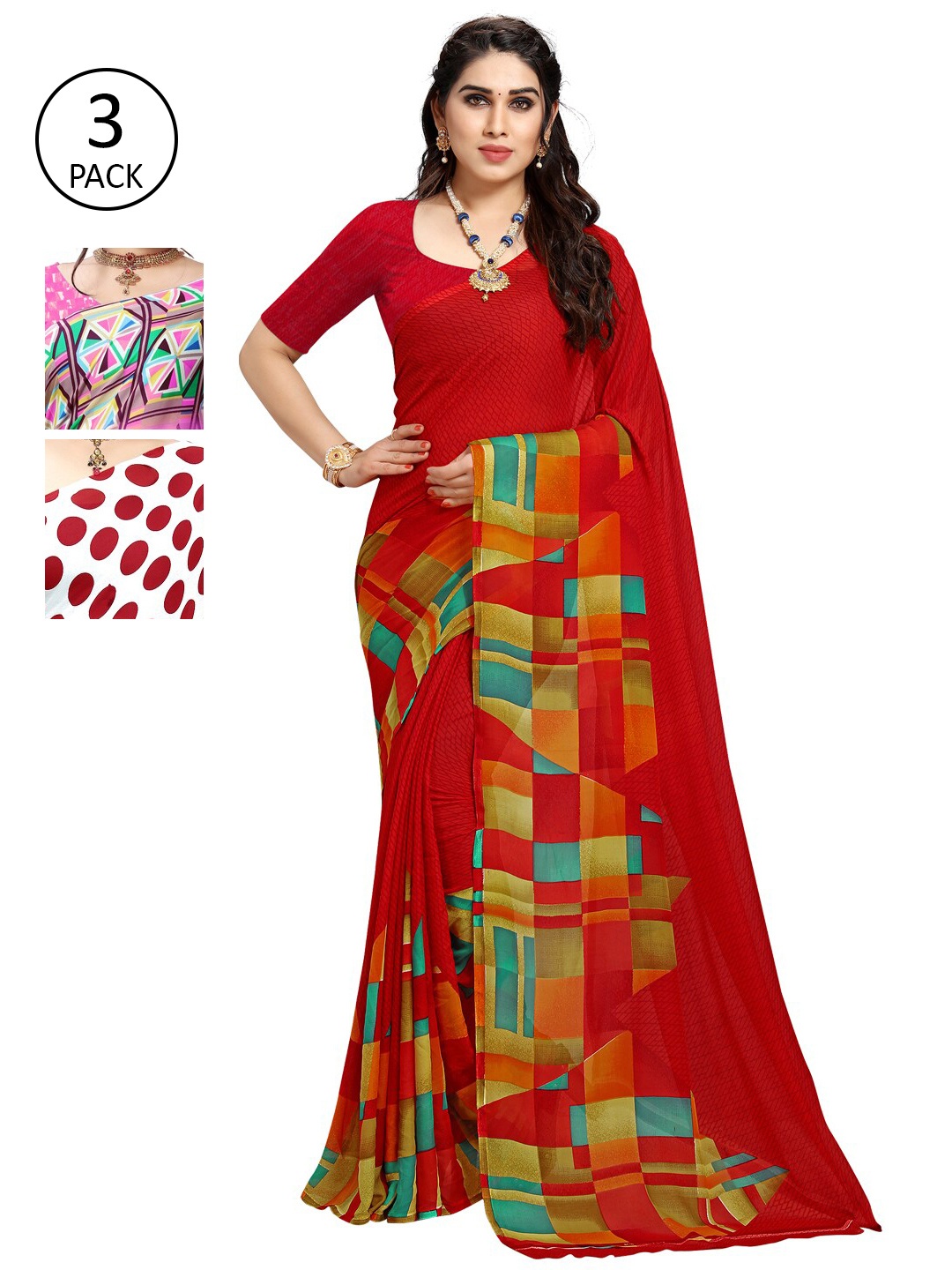 

KALINI Pack of 3 Printed Sarees, Pink