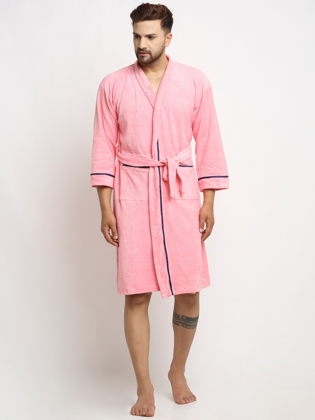

ELEVANTO Men Pink Solid Cotton Bath Robe