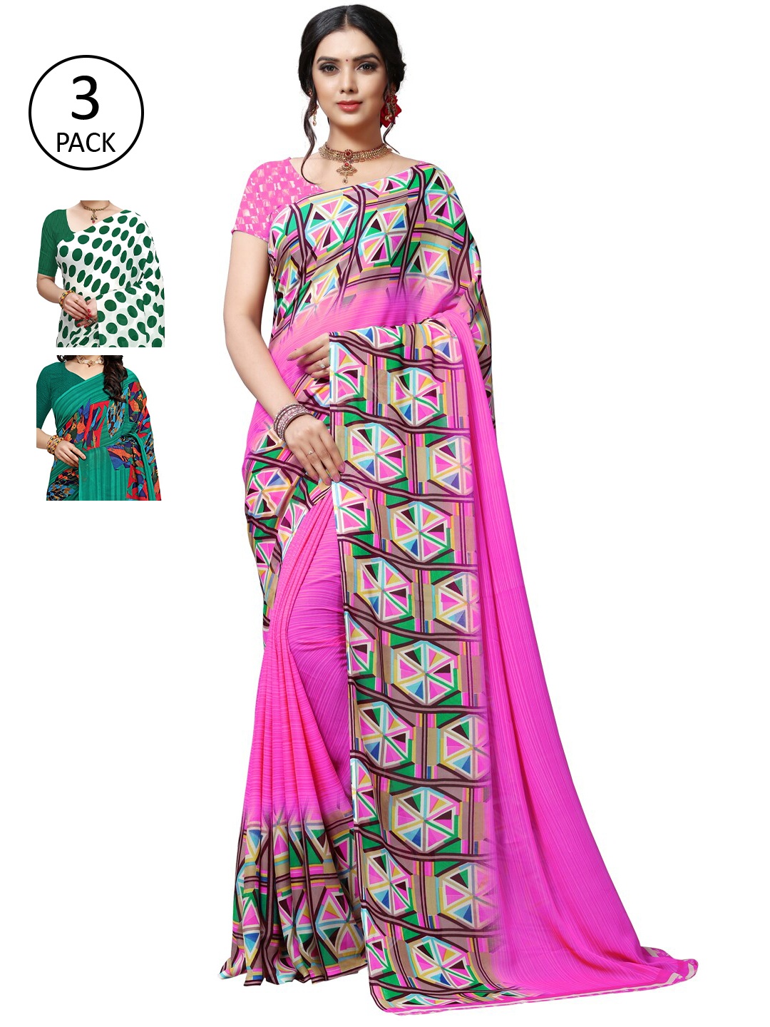 

KALINI Multicoloured Set of 3 Poly Georgette Saree, Multi