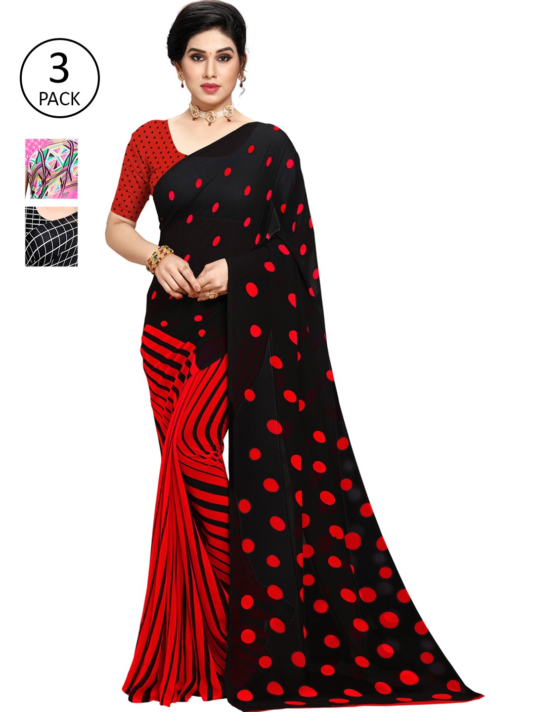 

KALINI Pack of 3 Poly Georgette Saree, Grey