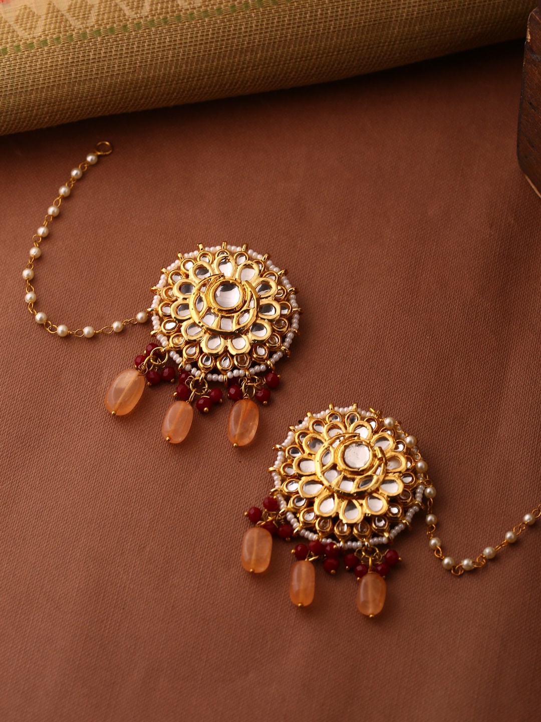 

Shoshaa Women Orange Gold Plated Circular Handcrafted Drop Earrings With Ear Chains