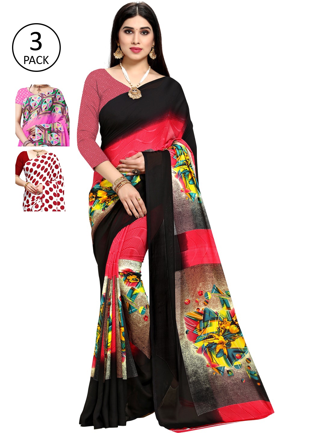

KALINI White & Pink Pack of 3Saree