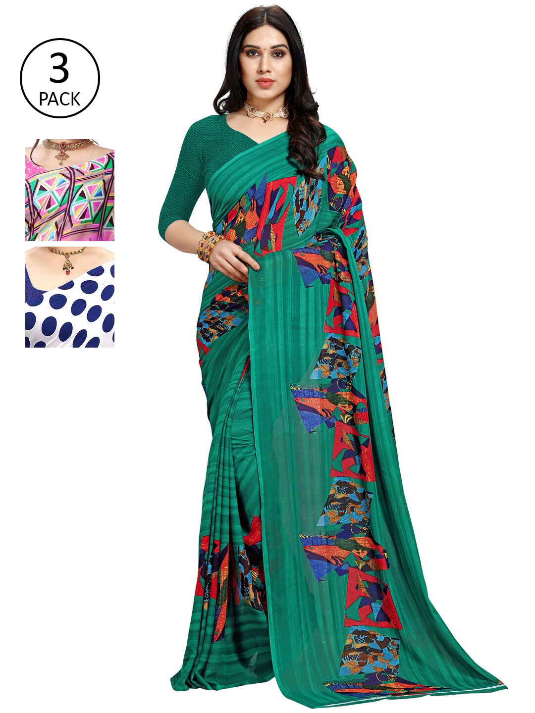 

KALINI Pack of 3 Poly Georgette Saree, White