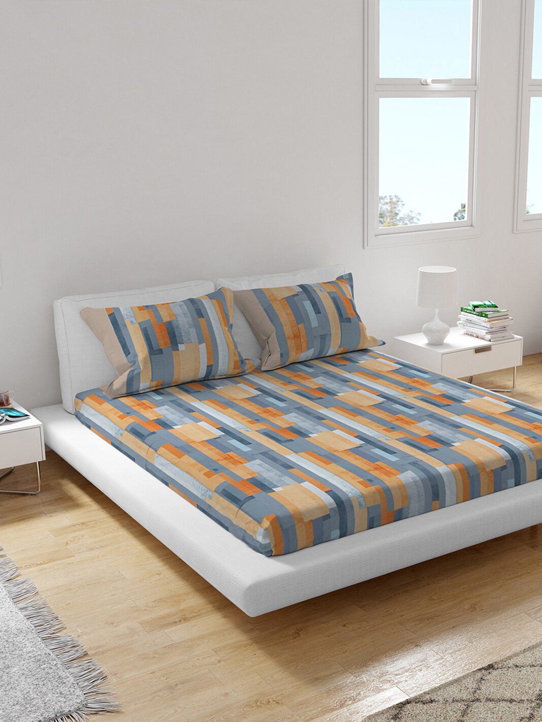 

Himeya Blue & Orange 400 TC King Sustainable Bedsheet with 2 Pillow Covers