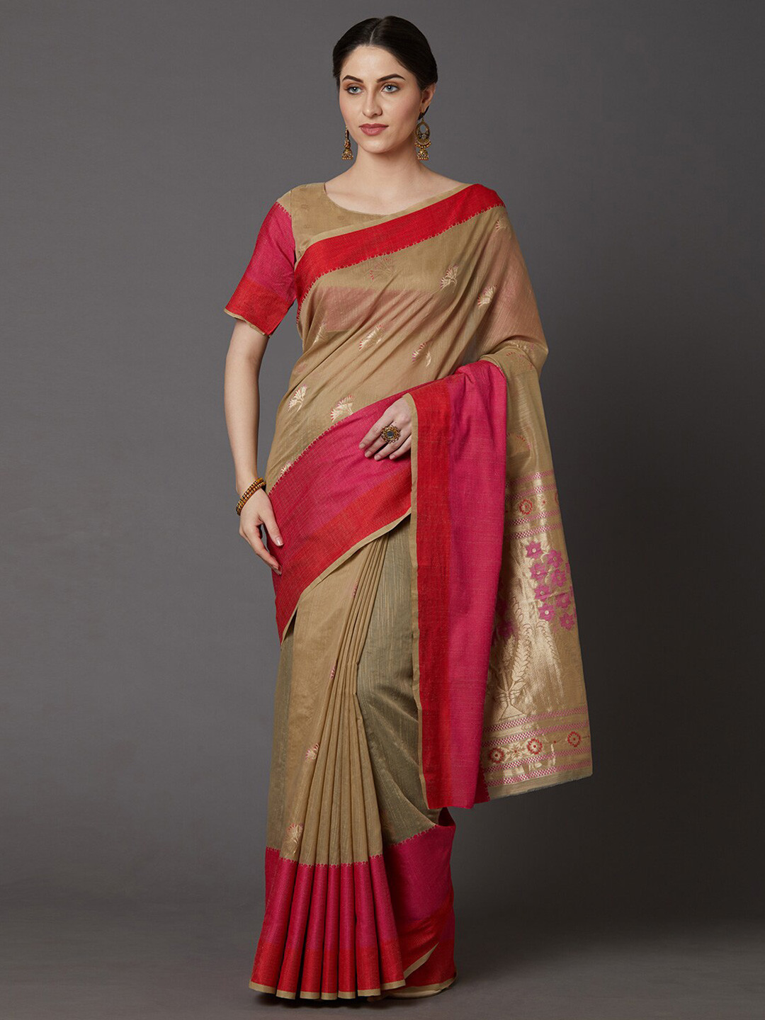 

Mitera Beige & Gold-Toned Floral Zari Silk Blend Dharmavaram Saree