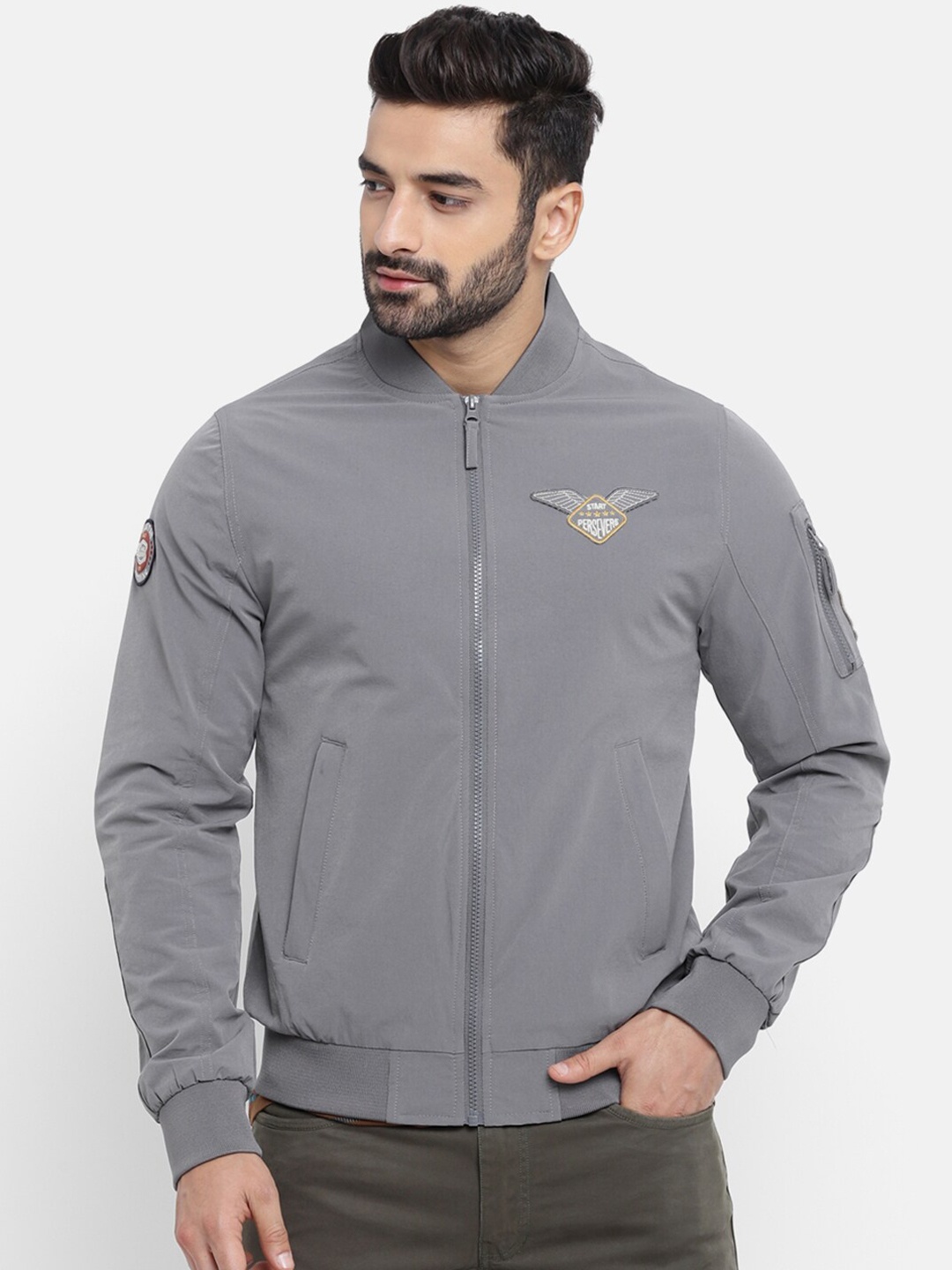 

Royal Enfield Men Grey Solid Applique Detailed Bomber Jacket