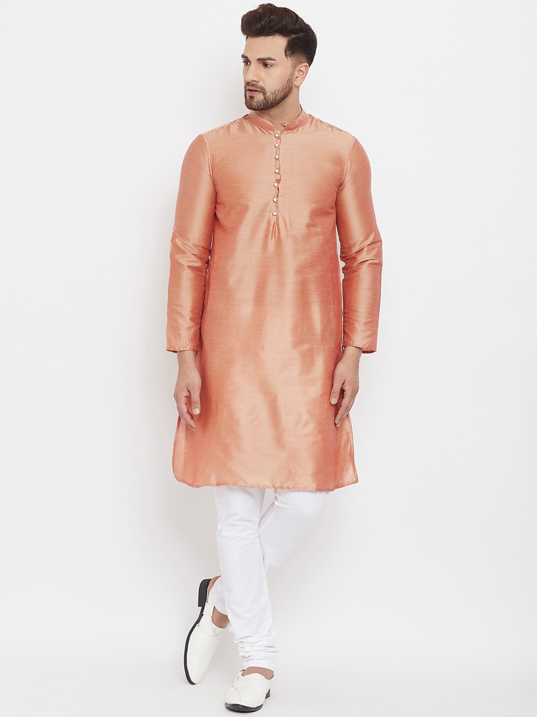 

even Men Peach Solid Straight Kurta
