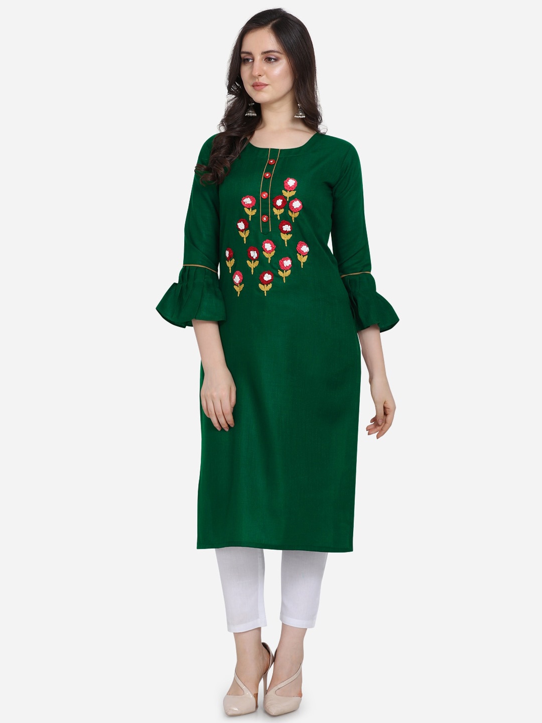 

Kvsfab Women Green Color Floral Yoke design Straight Hen Bell Sleeves Kurta