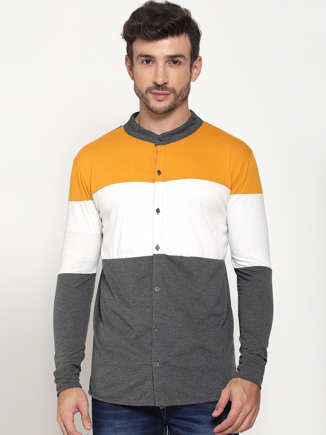 

PAUSE SPORT Men Multi Colourblocked Band Collar Knitted Casual Shirt