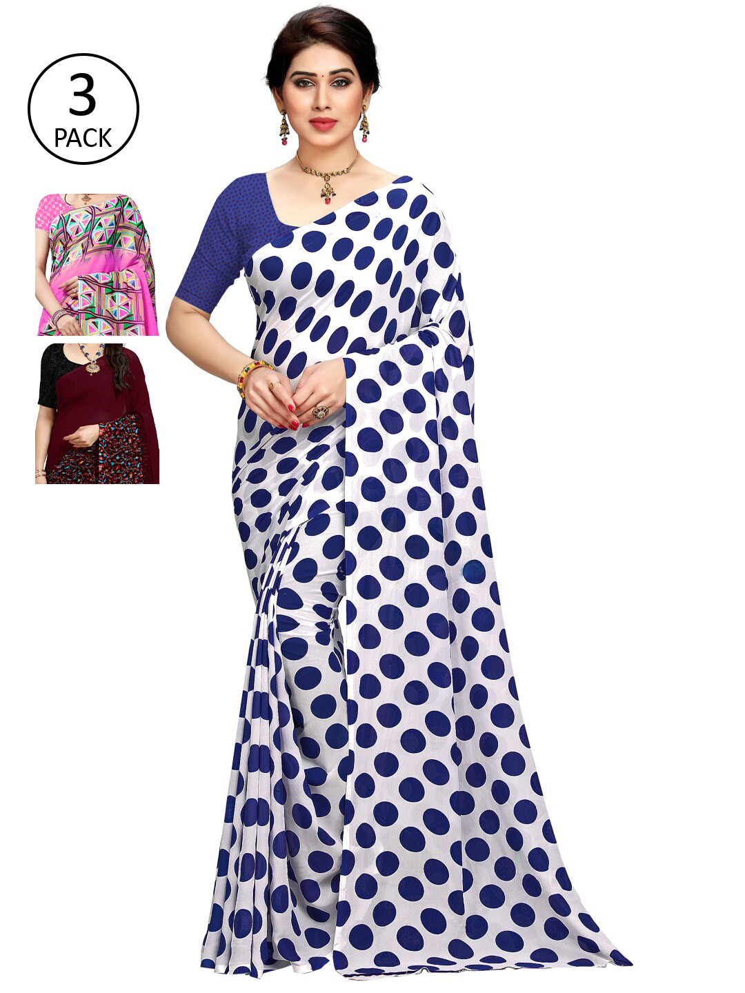 

KALINI Pack of 3 Poly Georgette Saree, Pink