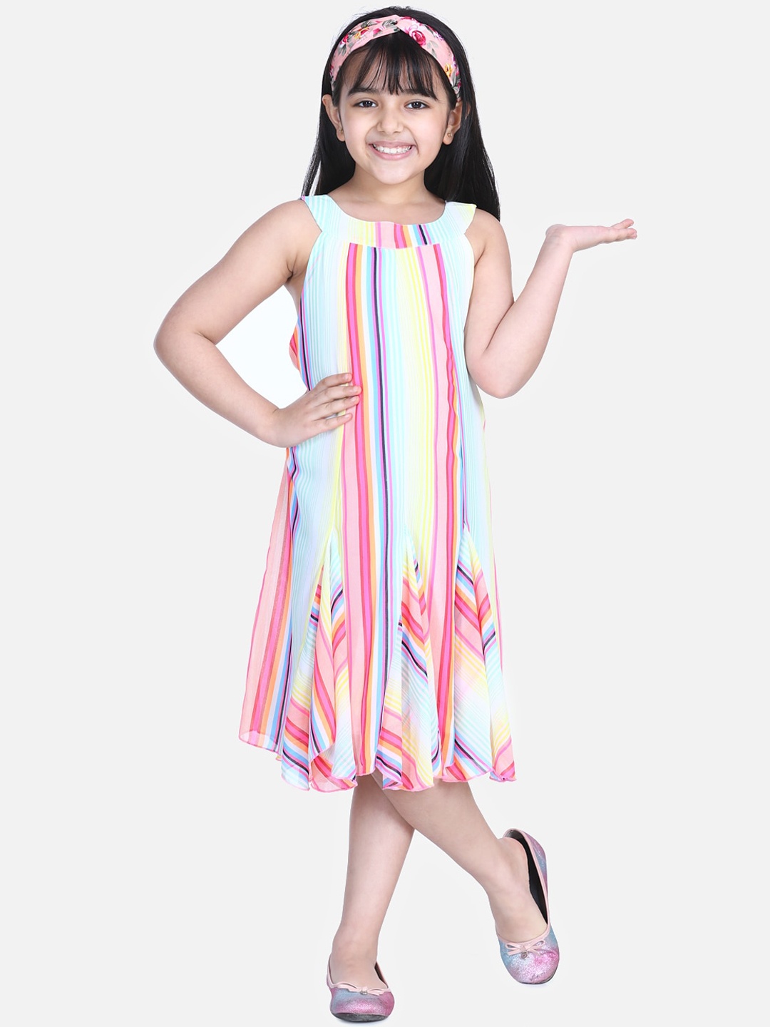 

StyleStone Girls Multi Coloured Floral Striped Chiffon A-Line Midi Dress