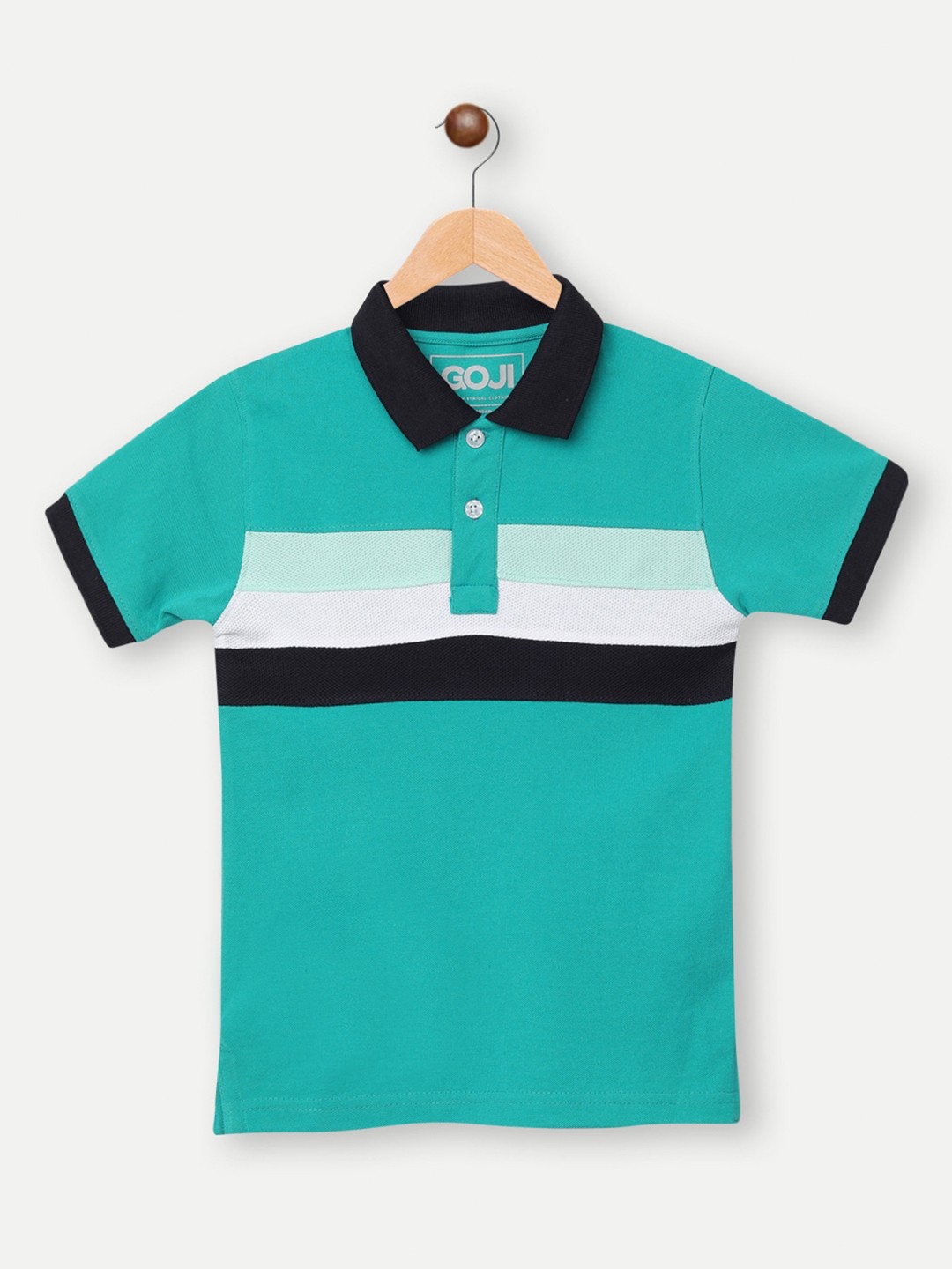 

GOJI Boys Teal Blue & Black Striped Polo Collar T-shirt