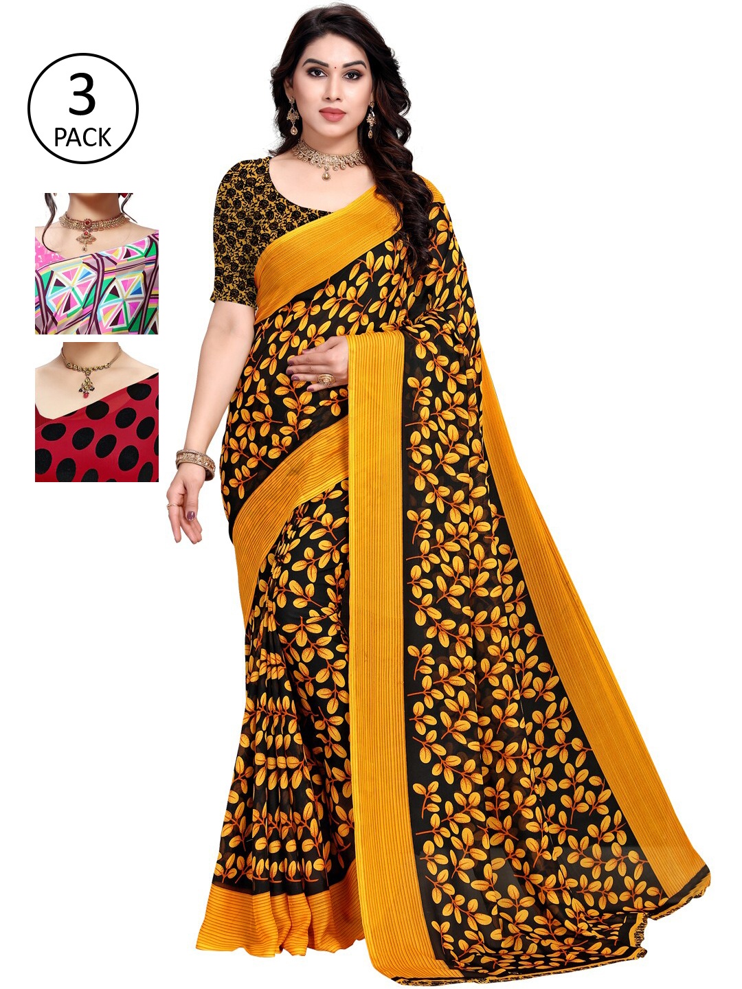 

KALINI Red & Black Pack of 3 Printed Saree