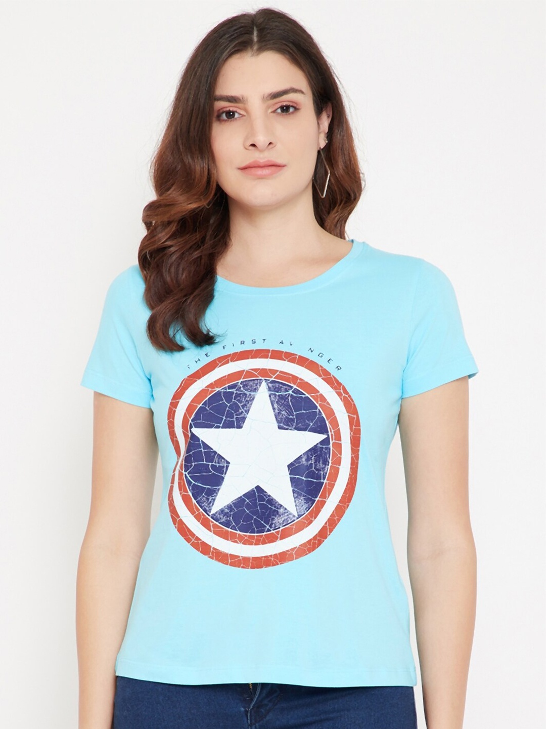 

Marvel by Wear Your Mind Women Blue Graphic Printed casual T-shirt