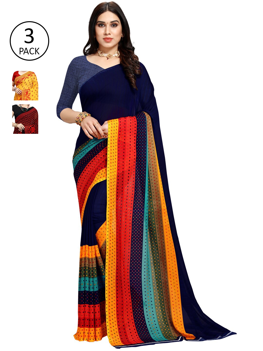 

KALINI Pack of 3 Yellow & Red Saree