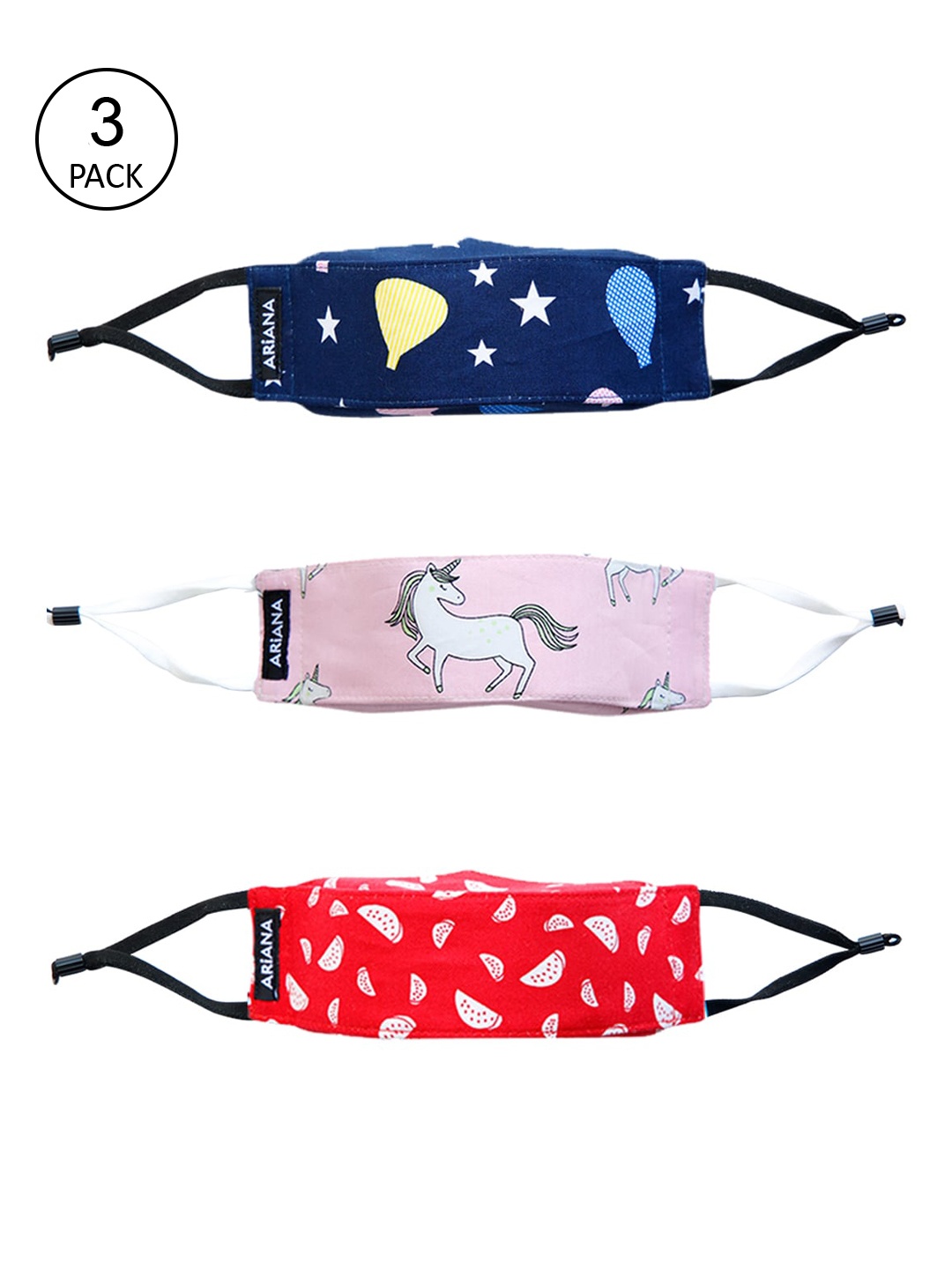 

Ariana Unisex Kids Pack Of 3 Printed 7-Ply Pure Cotton Cloth Masks, Pink