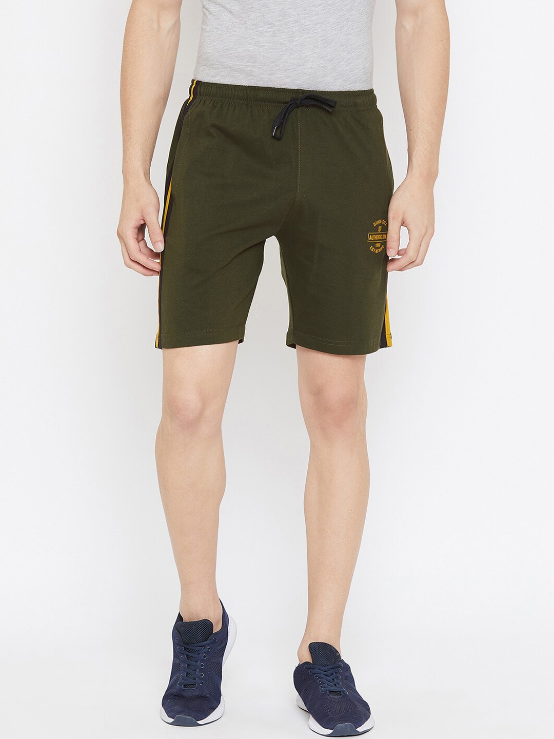 

Duke Men Olive Green Solid Cotton High-Rise Shorts with Printed & Side Striped Detail