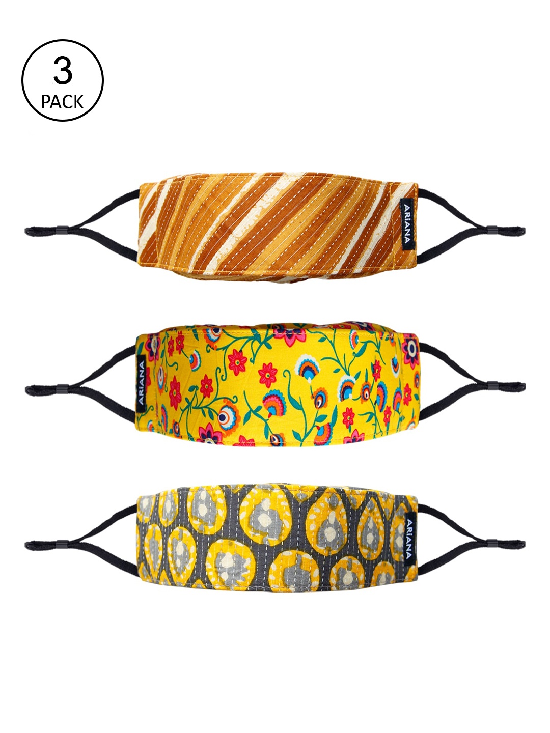 Ariana Unisex Pack Of 3 7-Ply 3D Cotton Reusable Cloth Face Masks, Brown