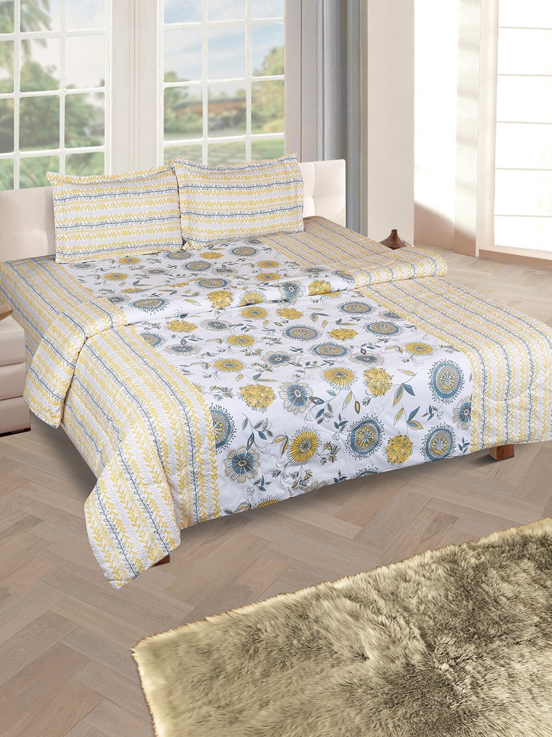 

ROMEE White & Yellow Floral Printed Cotton Double King Bedding Set