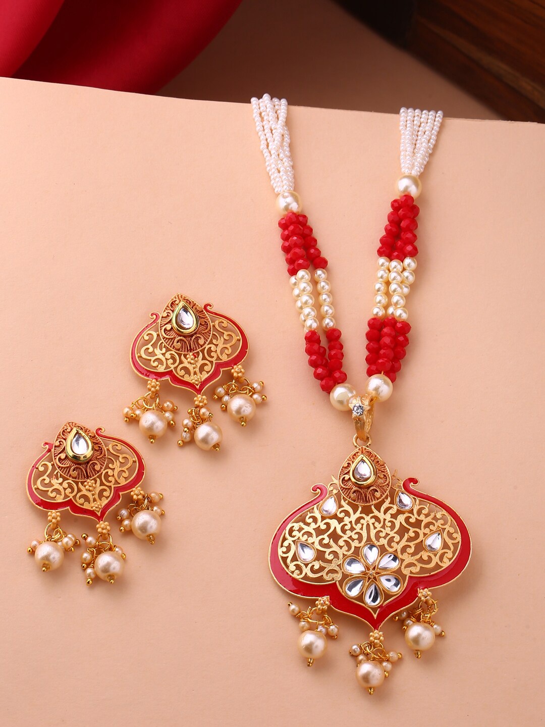 

Shoshaa Gold-Plated White & Red Stone-Studded & Beaded Handpainted Jewellery Set