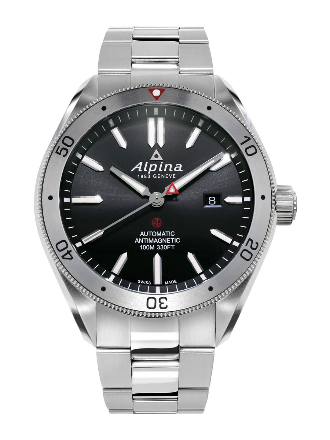 

Alpina Men Black Dial & Silver Toned Stainless Steel Bracelet Style Straps Analogue Automatic Motion Powered Watch