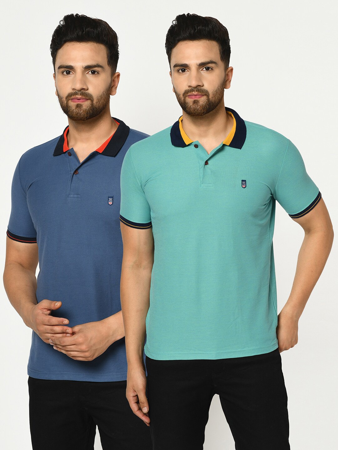 

Duke Men Blue & Green Pack of 2 Polo Collar Slim Fit T-shirt