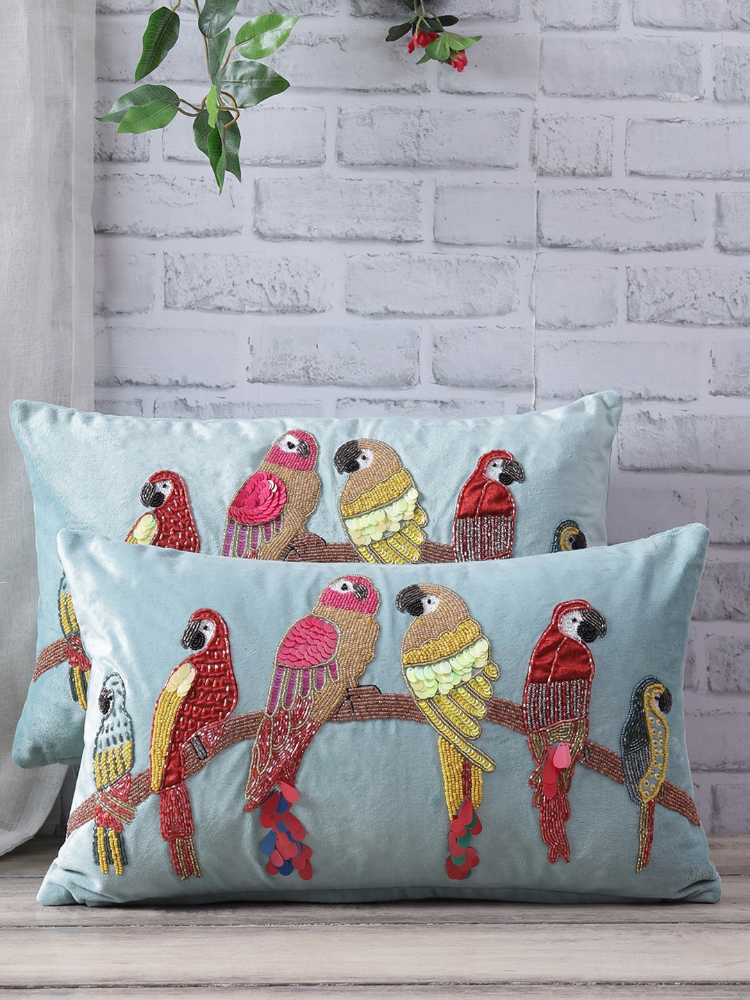 

eyda Set Of 2 Turquoise Blue & Pink Embellished Velvet Rectangle Cushion Covers