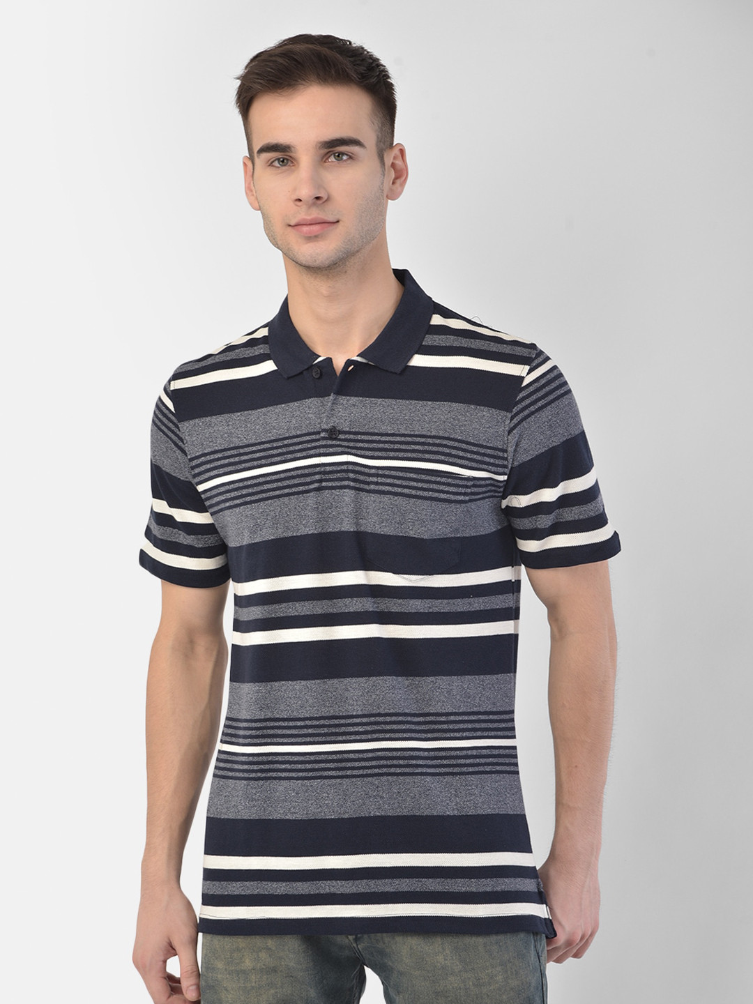 

COBB Men Navy Blue Striped Polo Collar T-shirt