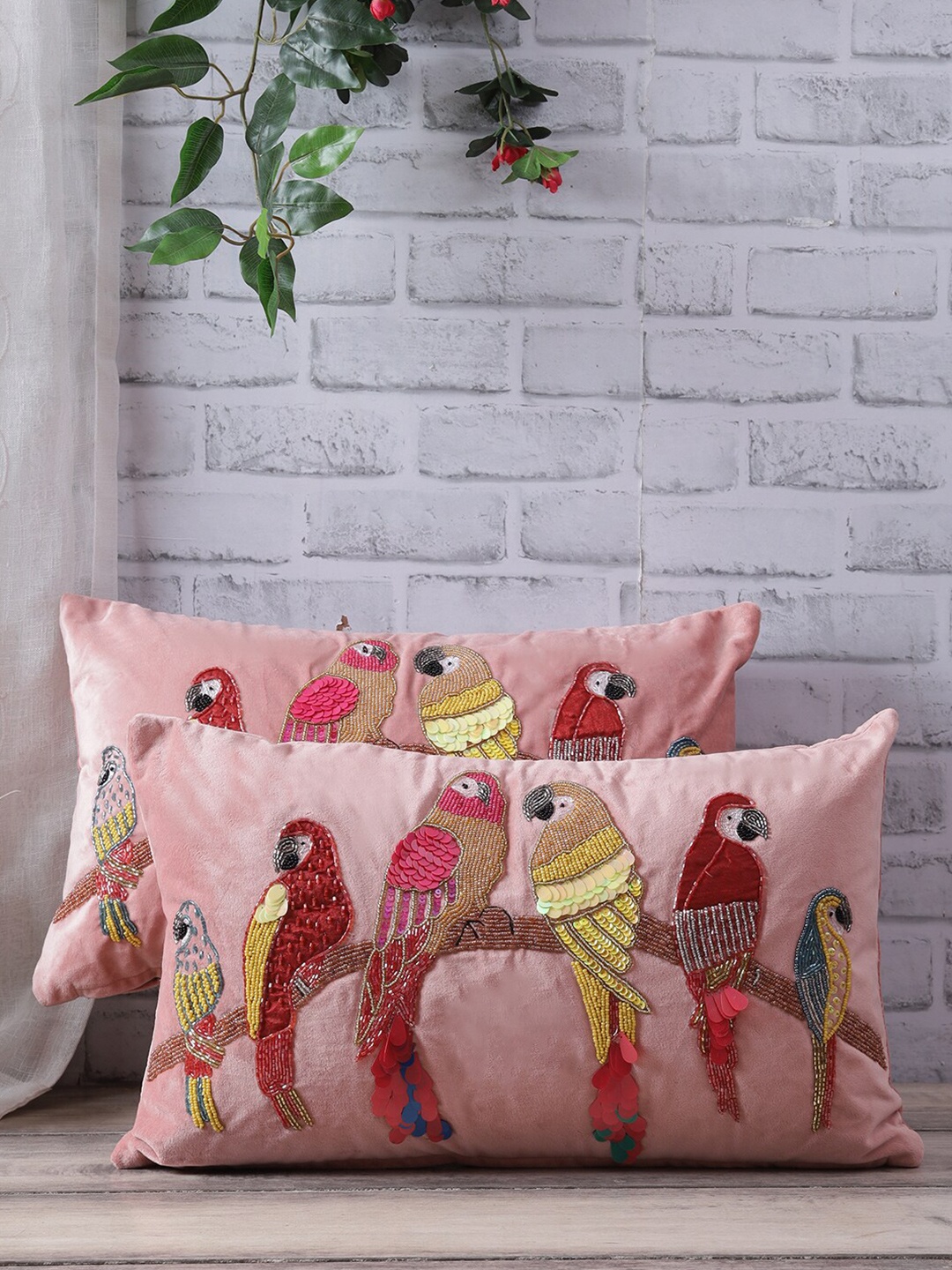

eyda Set Of 2 Peach & Red Embellished Velvet Rectangle Cushion Covers