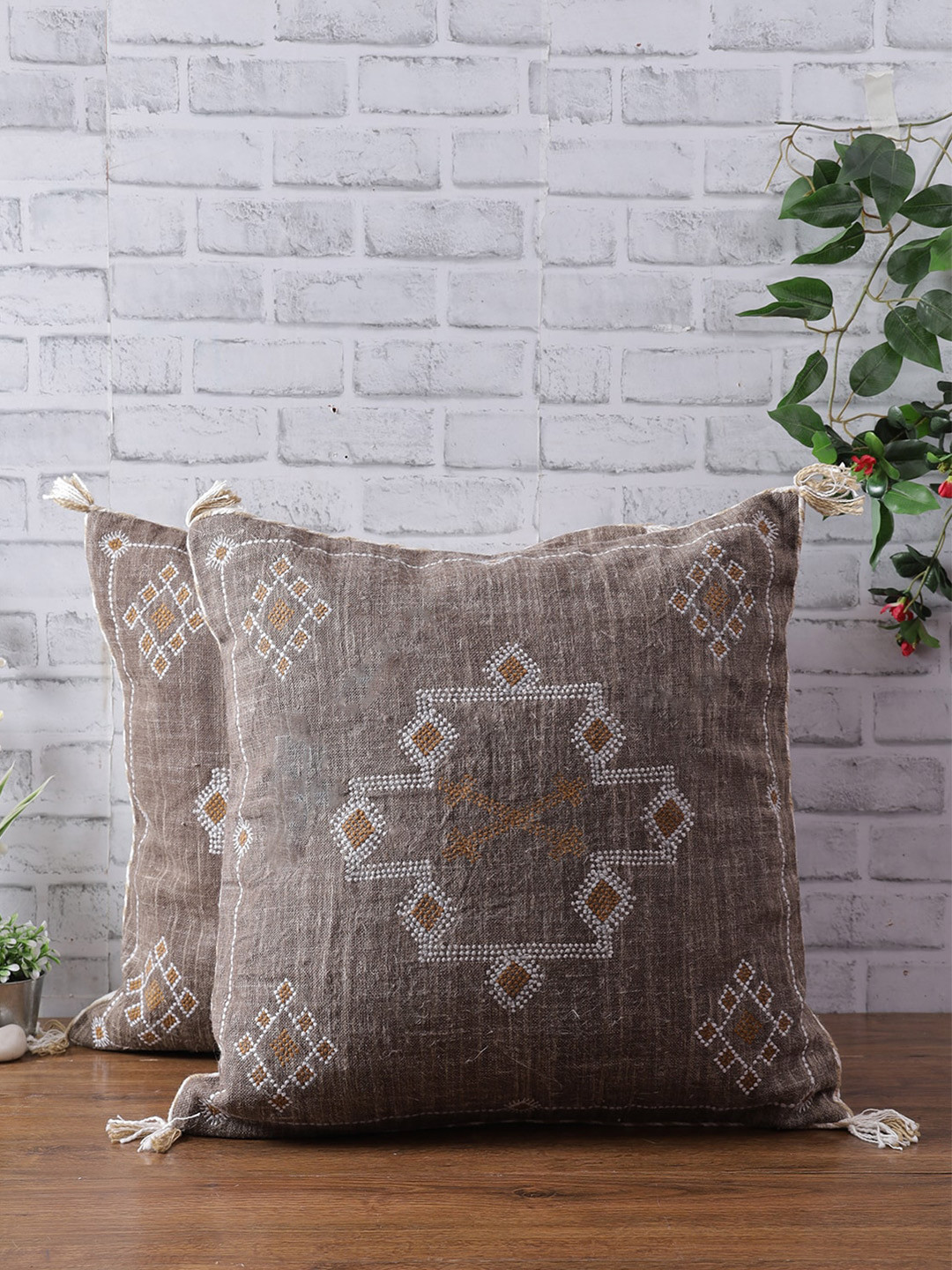 

eyda Brown & White Set of 2 Embroidered Linen Square Cushion Covers