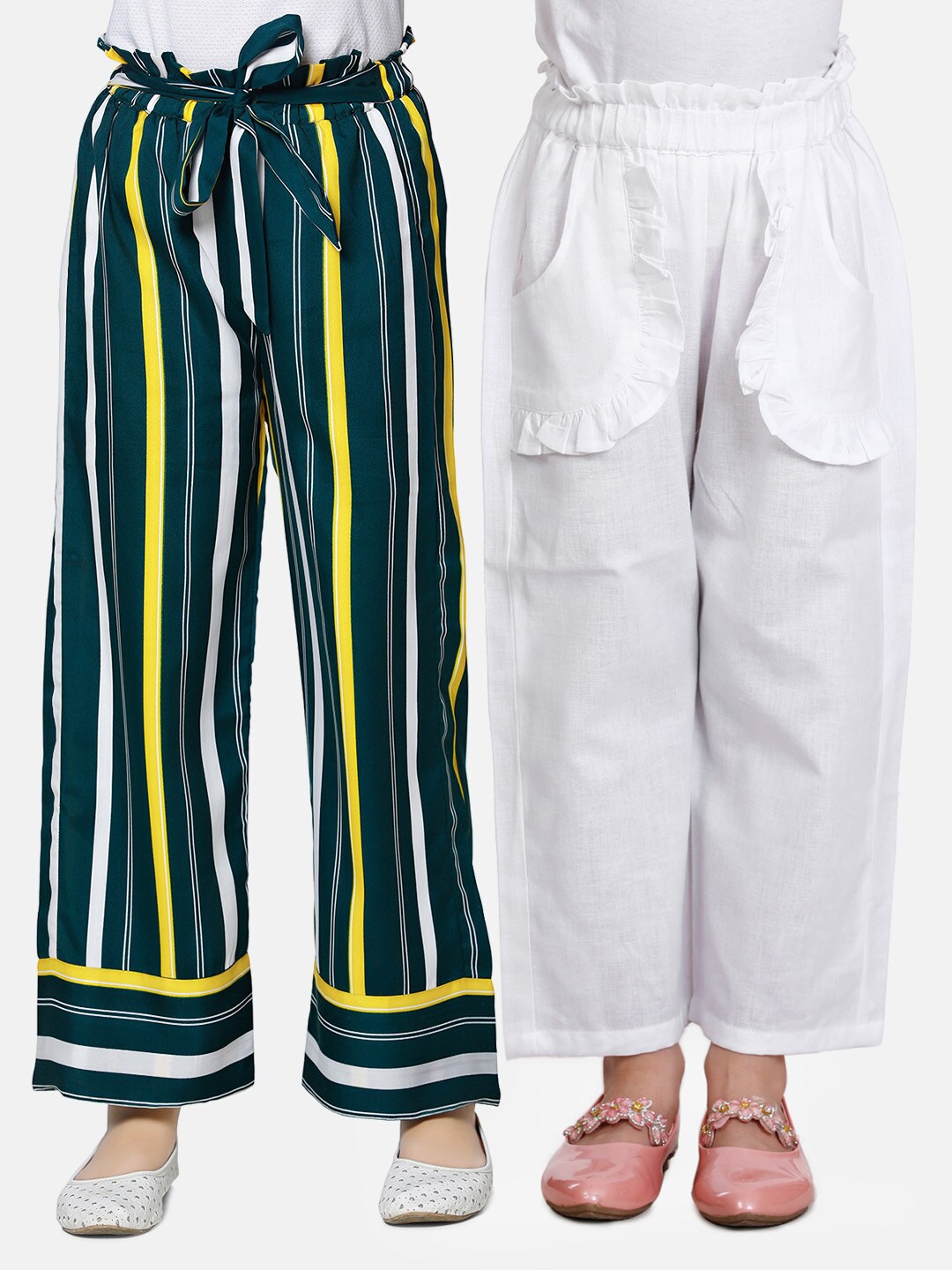

Cutiekins Girls White & Green 2 Striped Knitted Palazzos