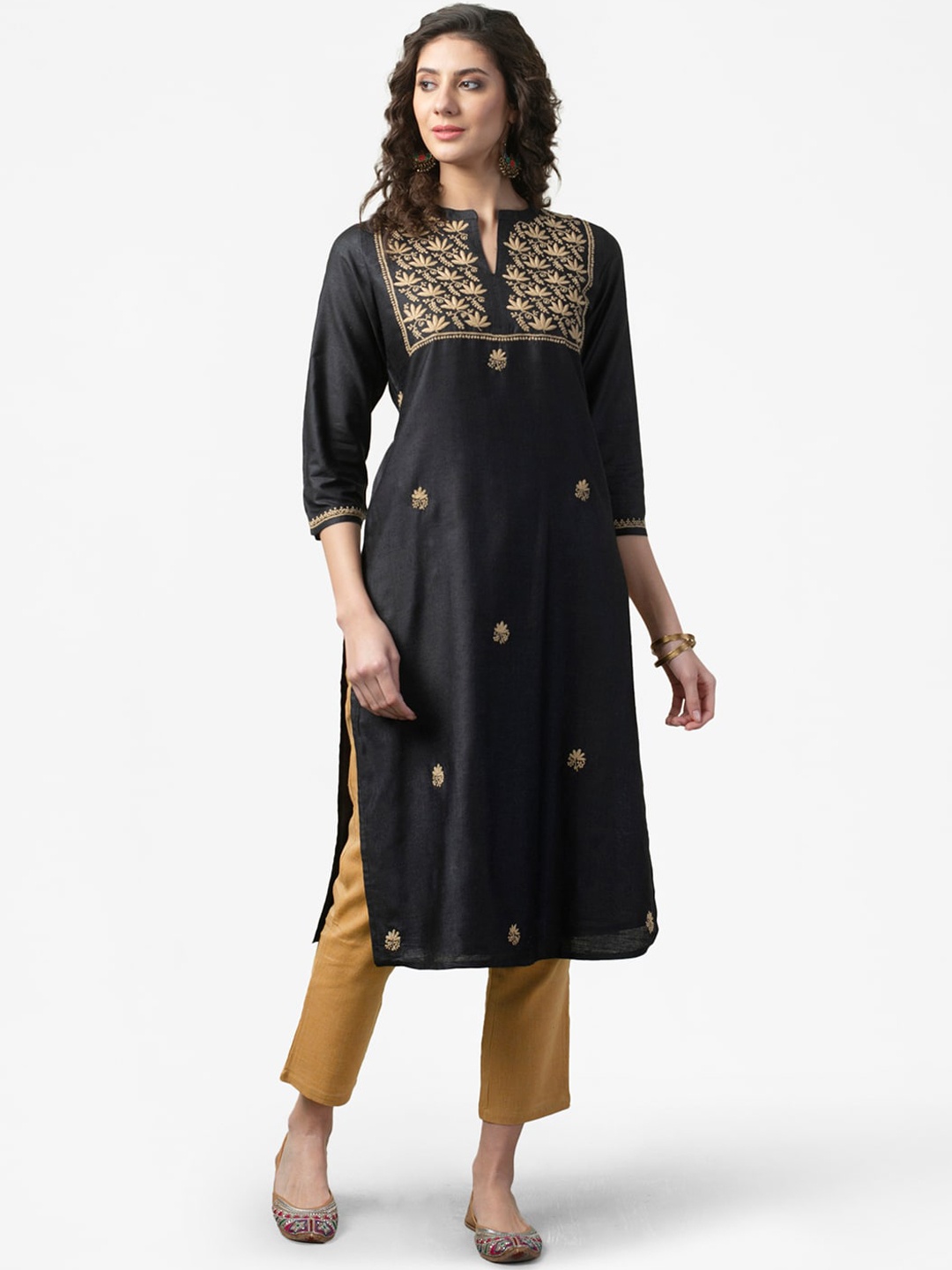 

Fabindia Women Black & Beige Ethnic Motifs Embroidered Thread Work Kurta