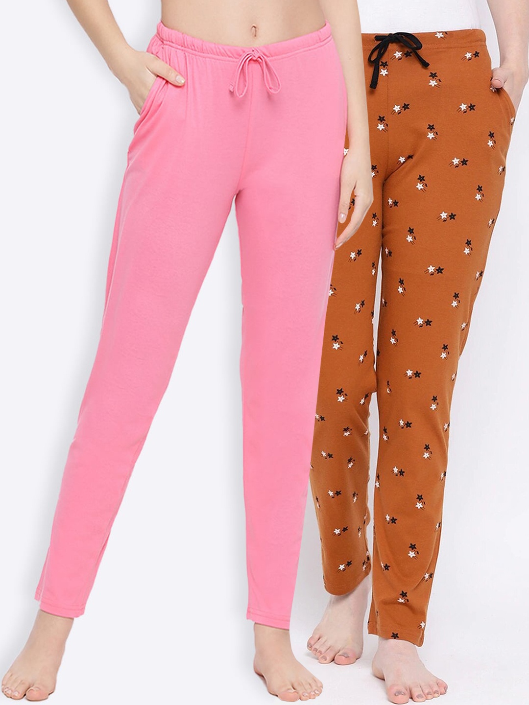 

Kanvin Women Pack Of 2 Pink & Brown Pure Cotton Lounge Pants
