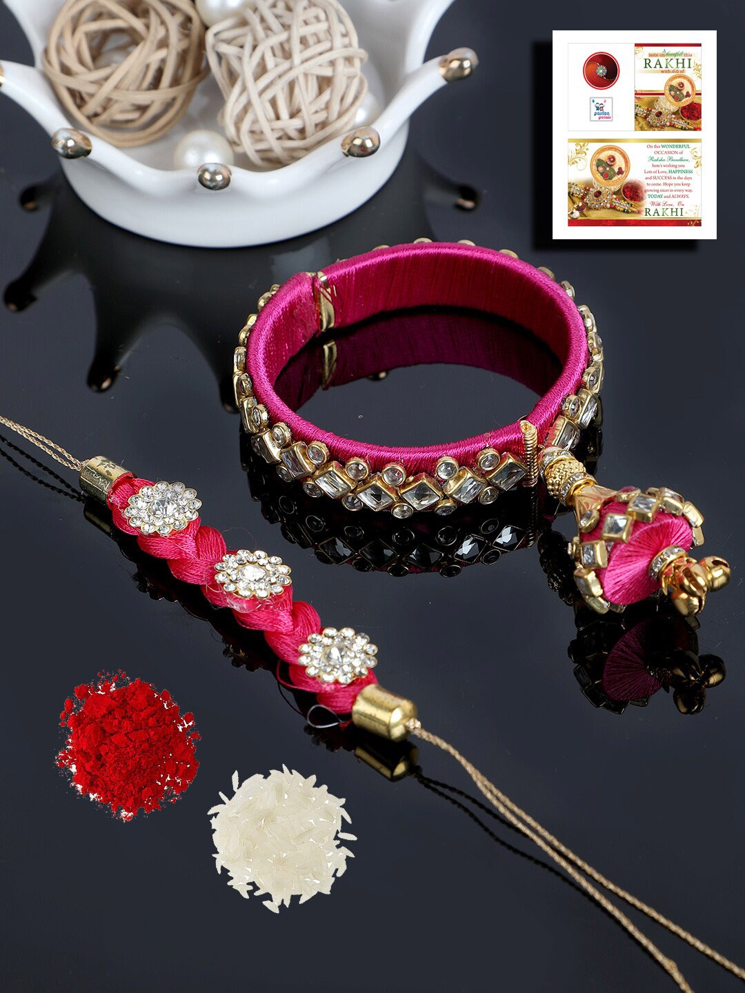

PASSION PETALS Mens Pink Bhaiya Bhabhi Rakhi Set With Card And Roli Chawal