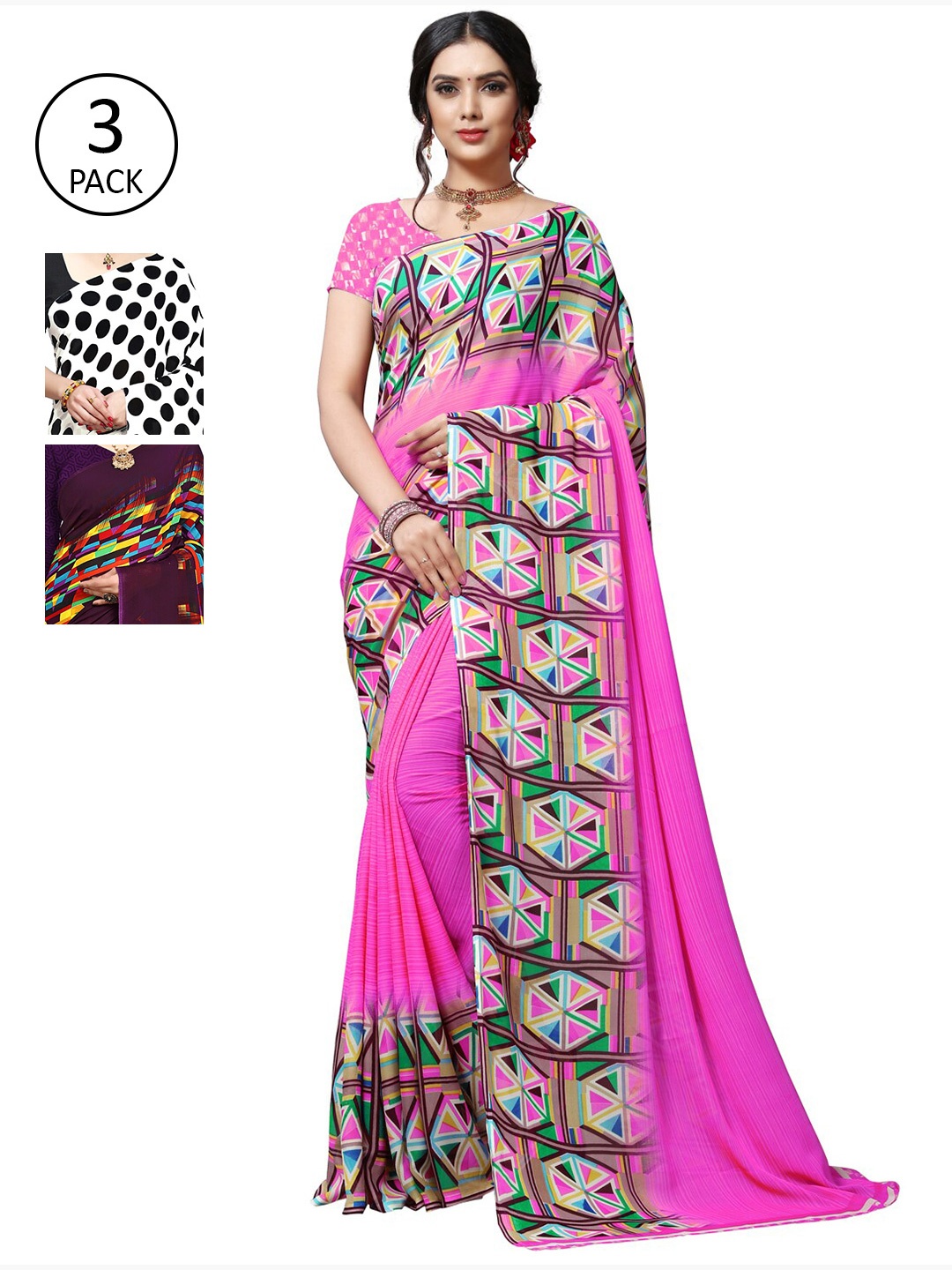 

KALINI Pack of 3 Poly Georgette Saree, Pink