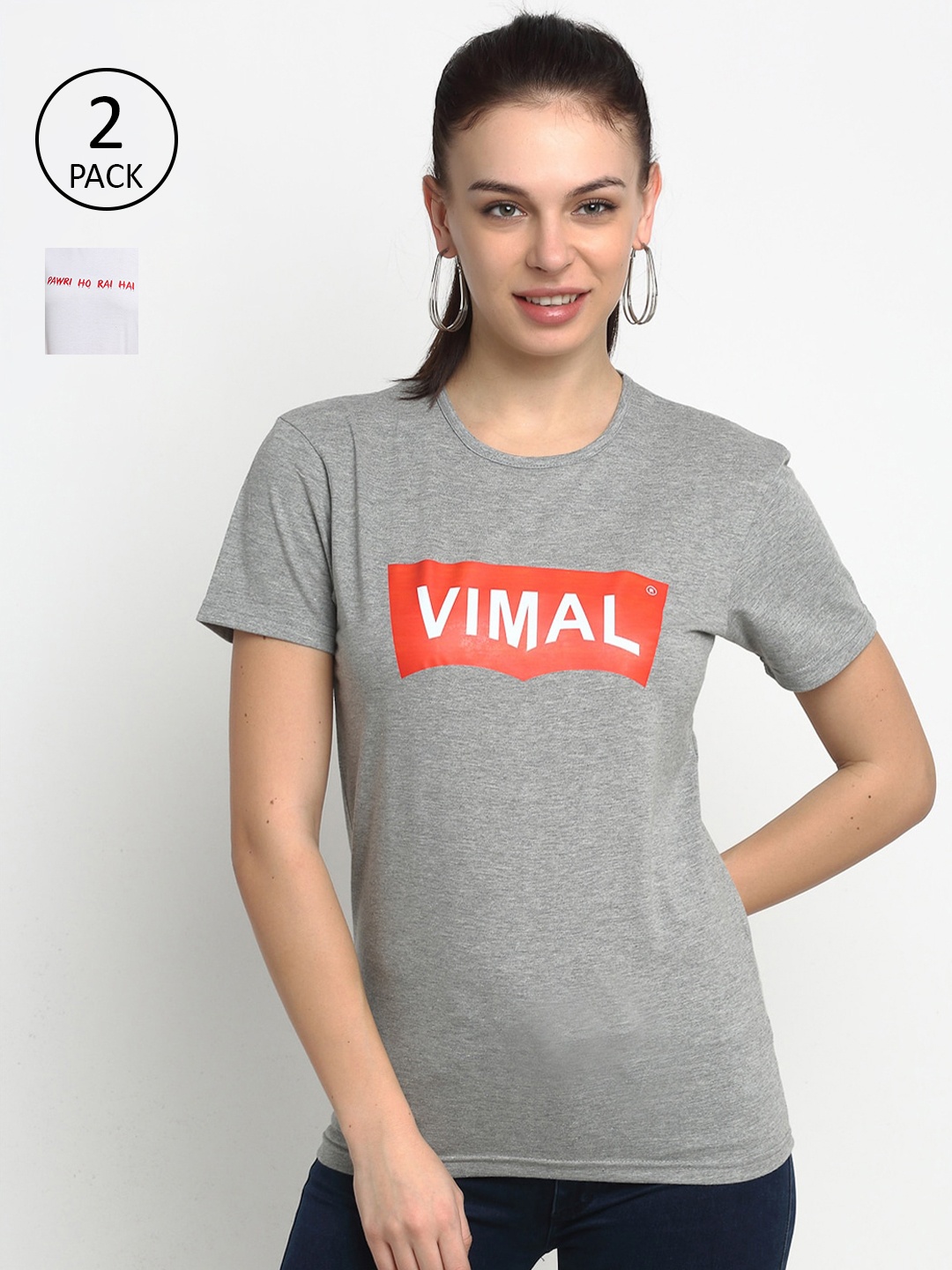 MACK JONNEY Women Pack of 2 Grey & White Typography Printed T-shirt