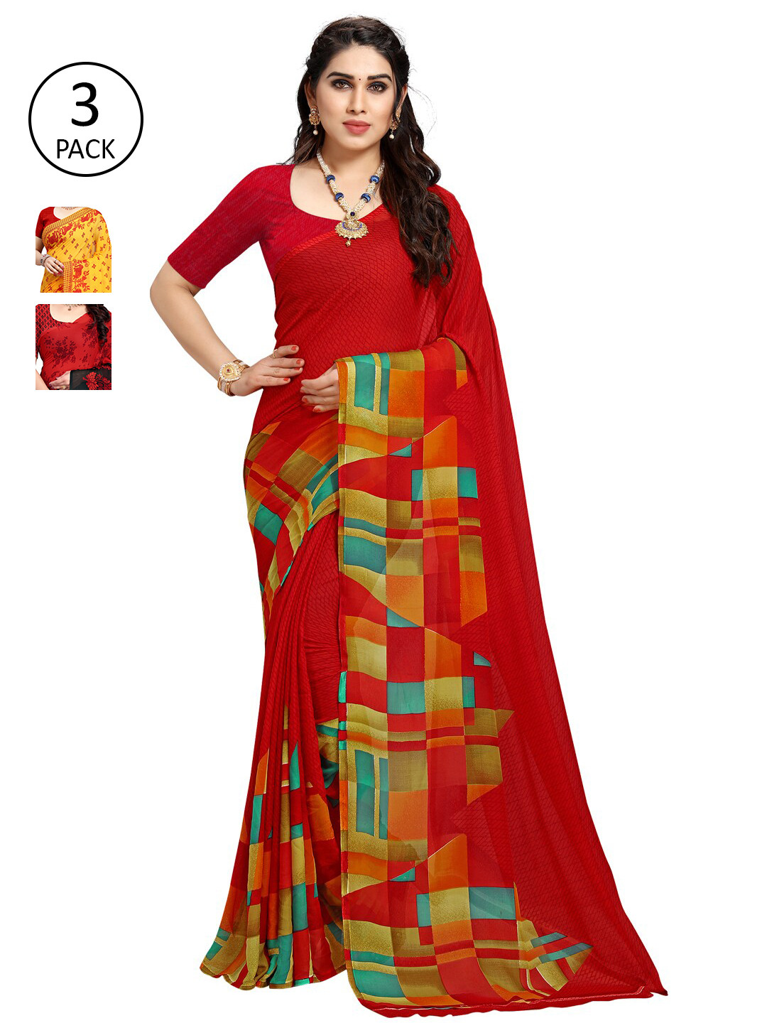 

KALINI Red & Yellow Pack of 3 Floral Saree