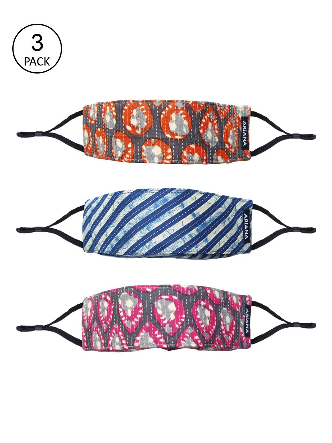 

Ariana Pack Of 3 Printed 7-Ply 5 Layer SSMMS Filter Reusable Pure Cotton Cloth Masks, Multi