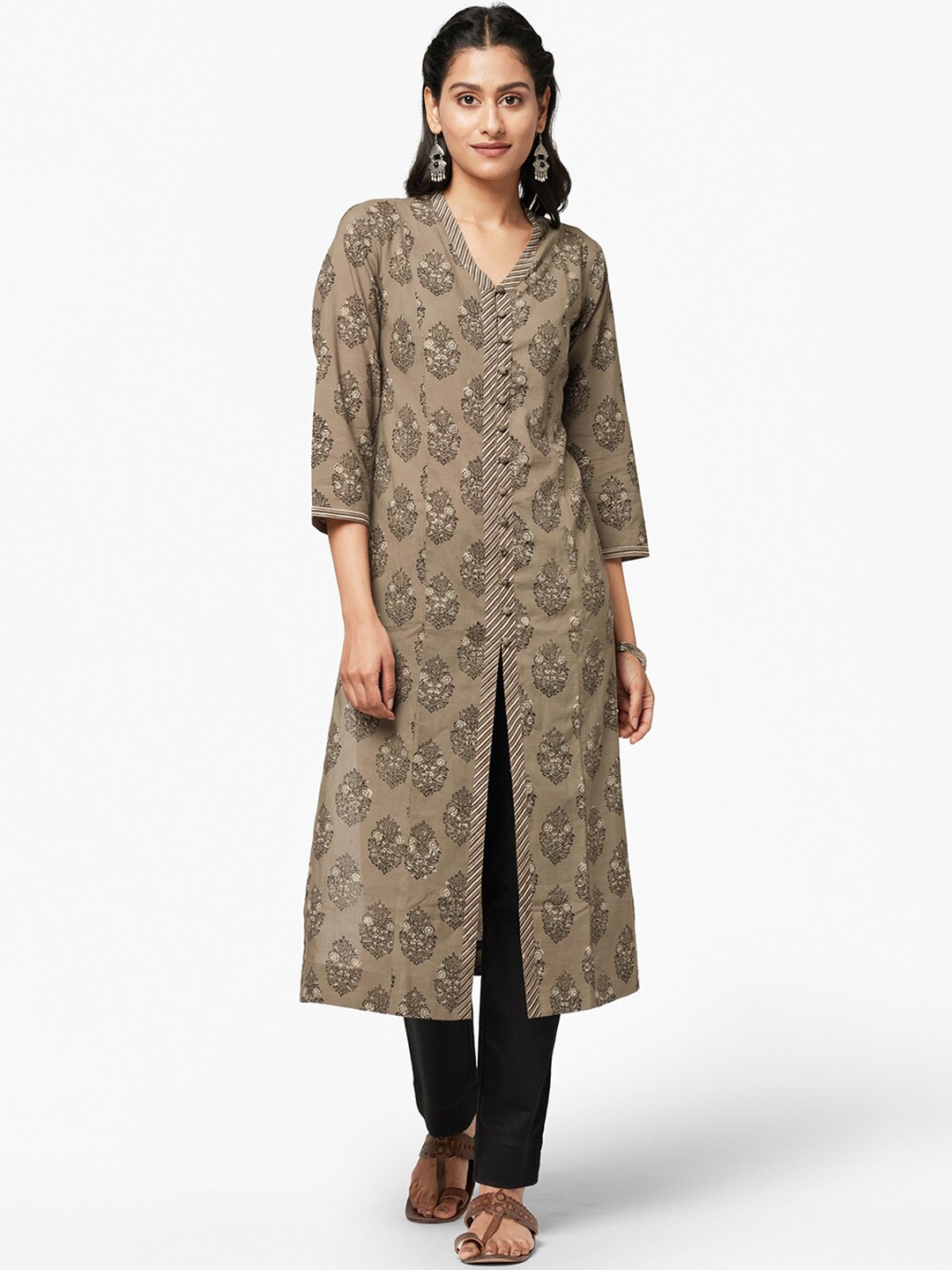 Fabindia Women Grey Ethnic Motifs Printed Kurta