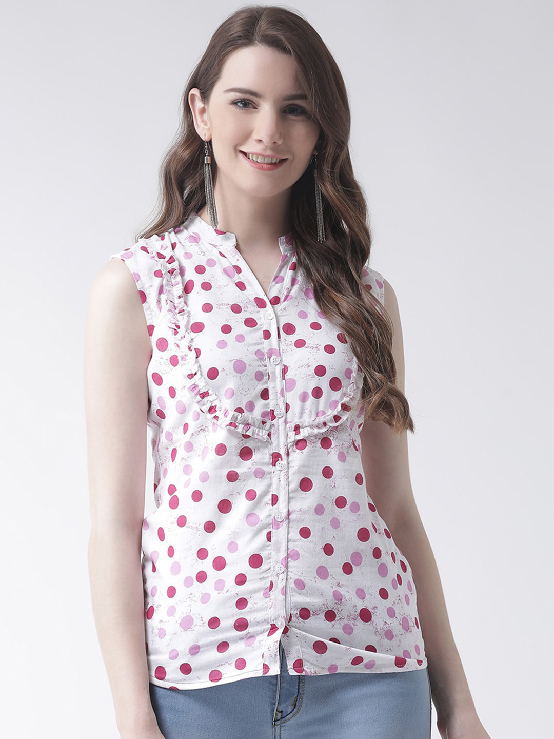 

The Vanca Women N Off White & Pink Printed Mandarin Collar Shirt Style Top