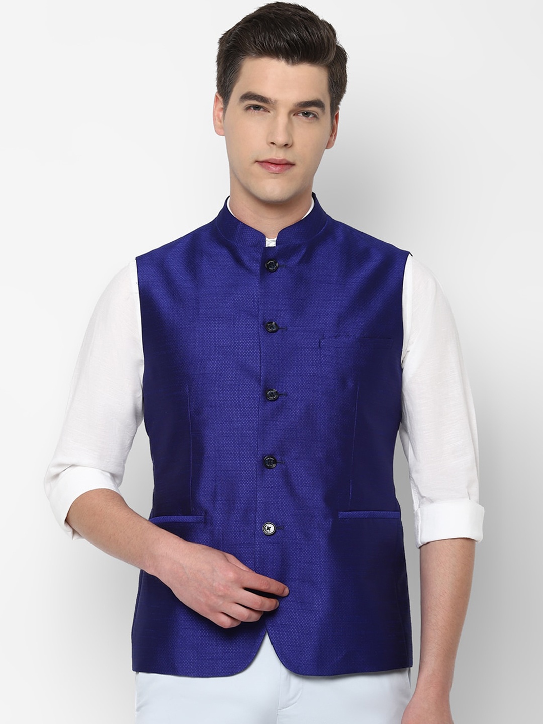 

Allen Solly Men Navy Blue Woven Design Nehru Jacket