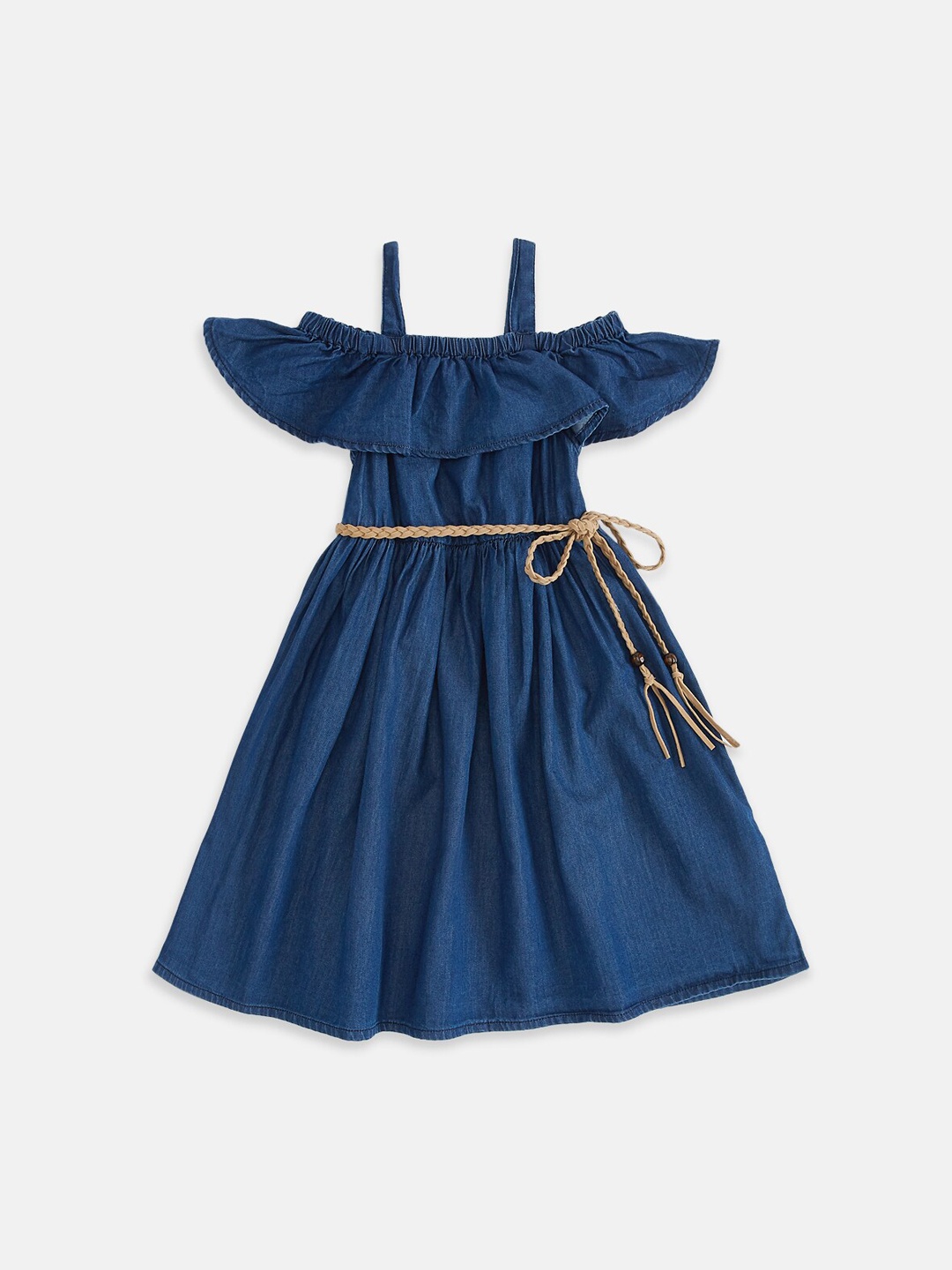 

Pantaloons Junior Navy Blue Off-Shoulder Pure Cotton Fit & Flare Dress