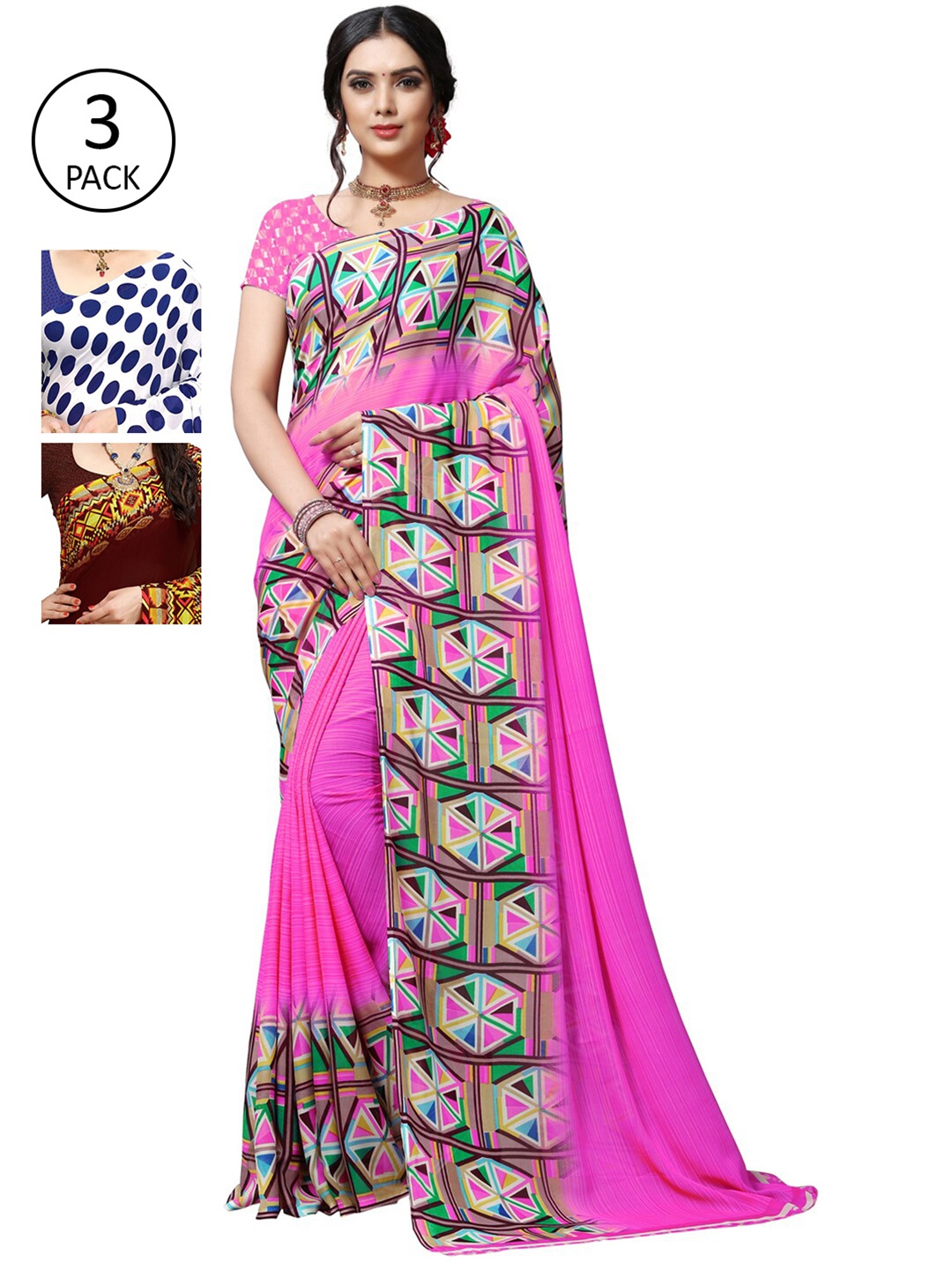 

KALINI Pack of 3 Poly Georgette Sarees, Blue