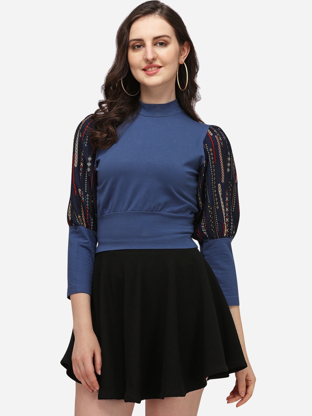 

OM SAI LATEST CREATION Blue Puff Sleeve High Neck Regular Party Top
