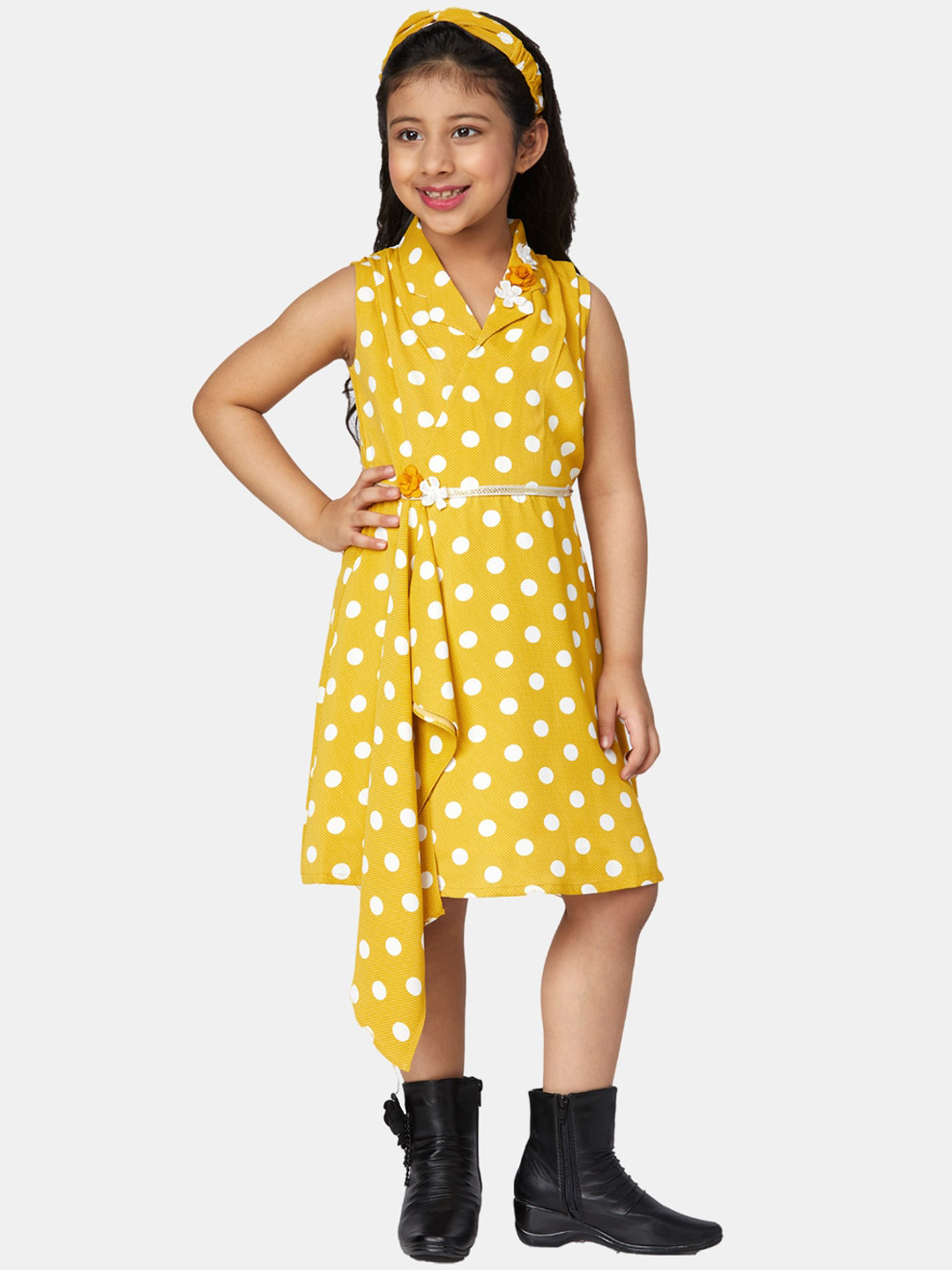 

Peppermint Girls Mustard & White Printed Polka Dot Satin Dress