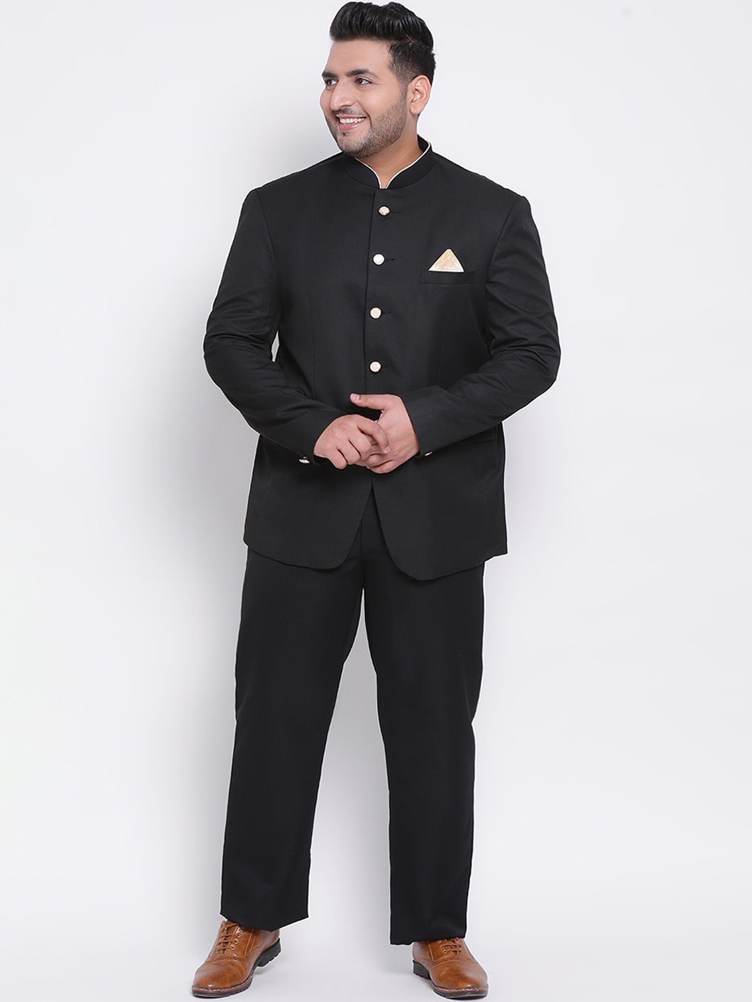 

hangup plus Men Black Solid Bandhgala Two-Piece Formal Suit