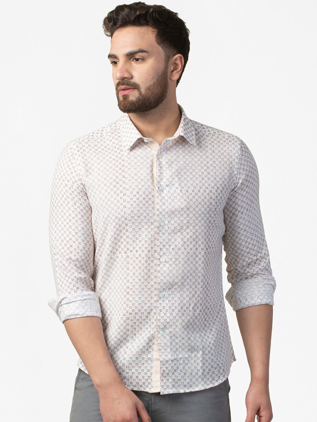 

Fabindia Men White & Maroon Slim Fit Printed Cotton Casual Shirt