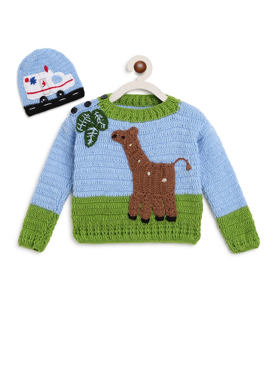 CHUTPUT Unisex Kids Green & Blue Embroidered Pullover With Cap