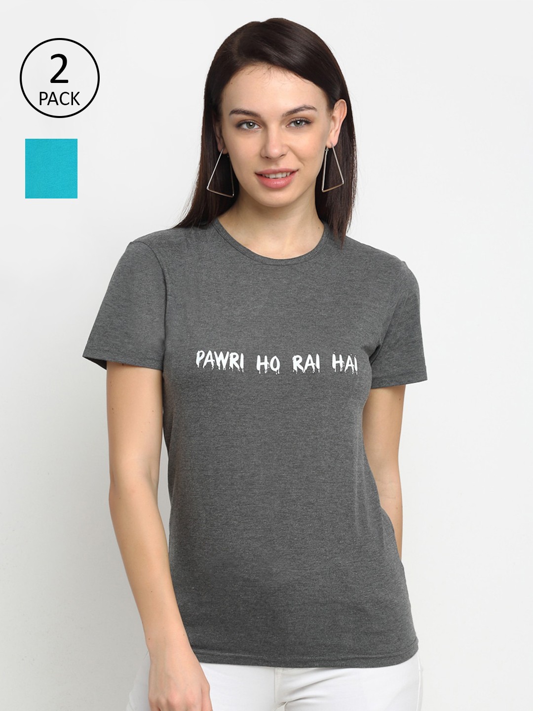 

VIMAL JONNEY Women Set of 2 Grey & Turquoise Blue Typography Printed T-shirts