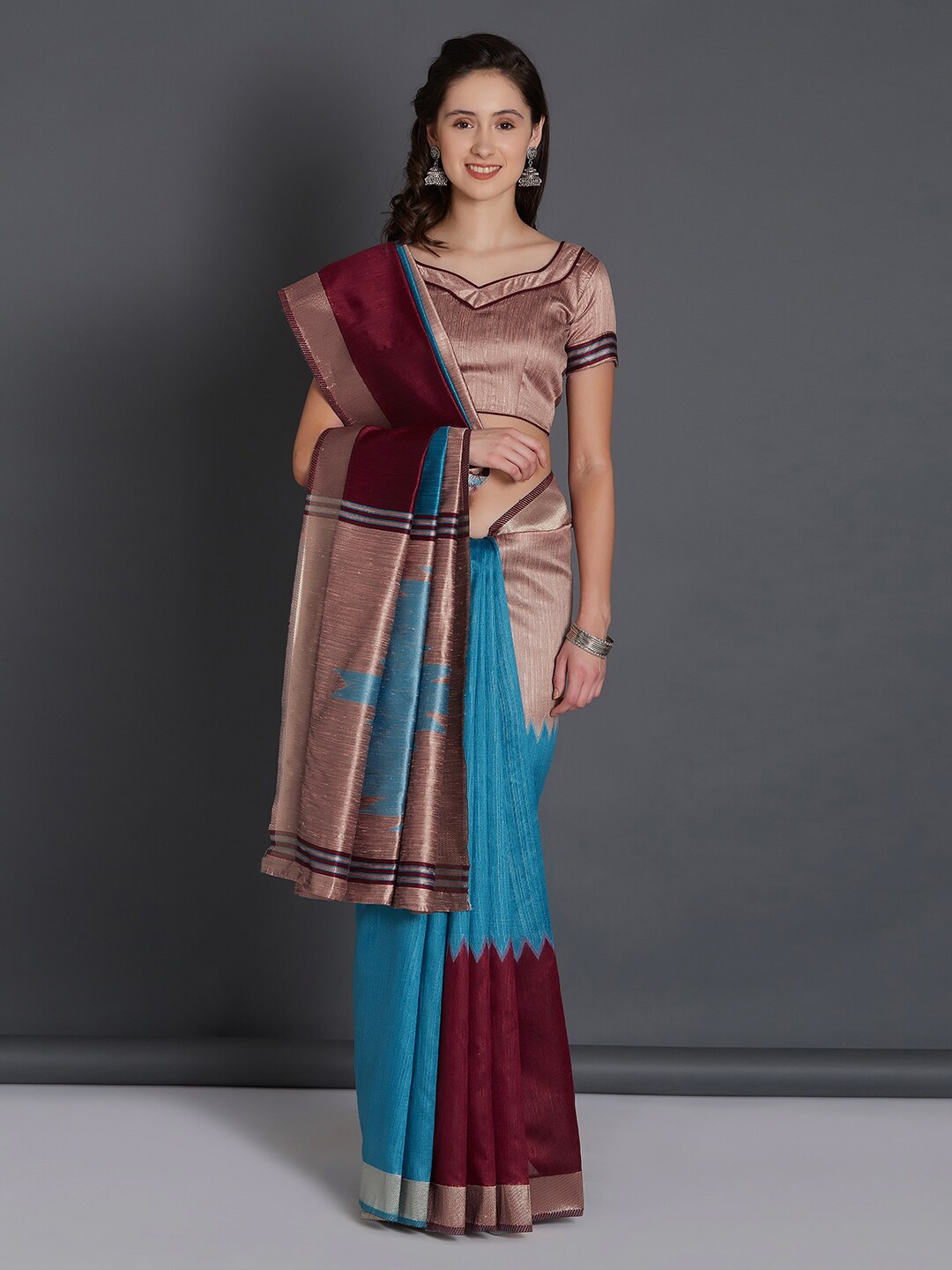 

Mitera Blue & Brown Colourblocked Silk Blend Saree